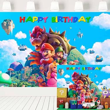 Imagem de Pano de fundo do filme Super Mario para festa de aniversário, videogame, fundo de céu azul, crianças, artigos de festa Mario Bros, faixa de mesa de bolo 2,1 x 1,5 m 430