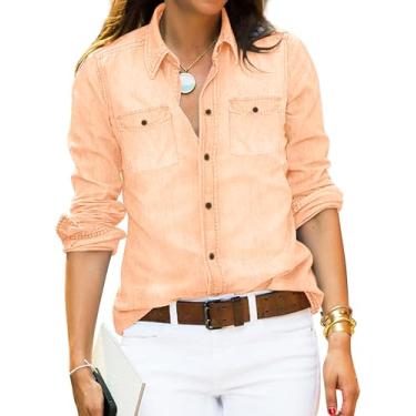 Imagem de luvamia Camisa jeans feminina de cambraia jeans ocidental, manga comprida, botões, Rosa bege pastel, GG