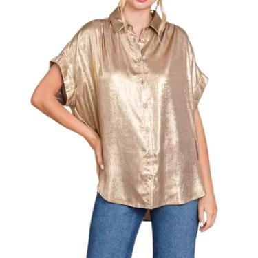 Imagem de Blusa feminina metálica de botão, casual, folgada, de manga curta, túnica de festa, Dourado, M