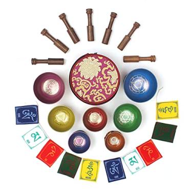 Imagem de Conjunto de 7 tigelas tibetanas ESK, tigela de canto do Himalaia com símbolos gravados, feita à mão, vem com almofadas de seda, 7 varetas, bandeira e caixa de seda