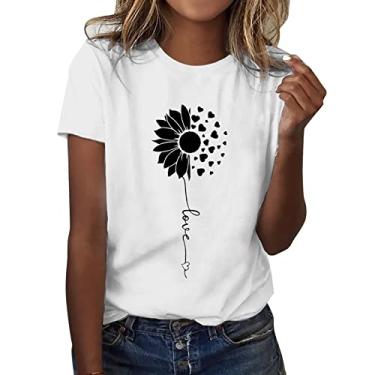Imagem de Camisetas femininas com estampa floral folgada, gola redonda, manga curta, casual, verão, Bege -, M