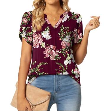 Imagem de Aodemo Camisetas femininas elegantes de verão 2024 gola V pétala manga curta blusa feminina bonita para o trabalho, Vinho floral, 3G