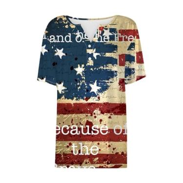 Imagem de Camiseta feminina de 4 de julho, listrada, vermelha, branca, azul, Henley de manga curta, camiseta do Dia da Independência, Amarelo, P