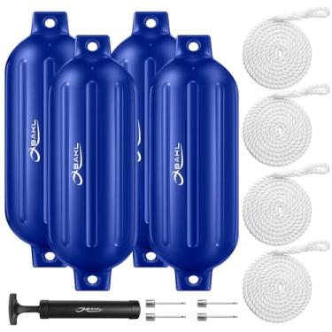 Imagem de OBAKL Pacote com 4 para-lamas para barco, 25,4 x 76,6 cm com nervuras de olhos gêmeos, para-lamas de barco para ancoragem, vem com cordas e bomba para inflar (azul)