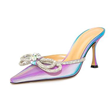 Imagem de JiaBinji Sandálias femininas de salto alto mulas cristal strass brilhante duplo arco sandália iridescente bico fino stiletto brilhante verão noiva sapatos, Iridescente azul-rosa, 10