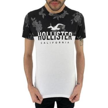Imagem de Camiseta Hollister Masculina Colorblock Florais Split Logo Branco-Masculino