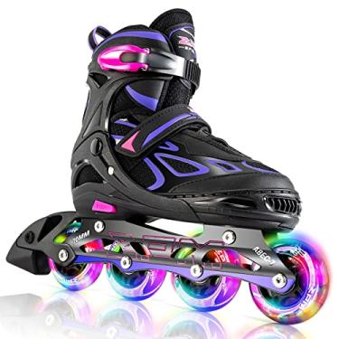 Imagem de 2PM SPORTS Vinal Girls Patins ajustáveis em linha com rodas iluminadas patins para iniciantes patins divertidos iluminadores para crianças meninos e senhoras... (Violeta e magenta, grande - jovem (4Y-7Y EUA))