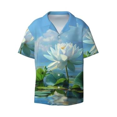 Imagem de IYOVI Camiseta masculina havaiana de manga curta solta com estampa vetorial Swirls, camisa de praia de verão com botões, Nenúfares e flores de lótus, M