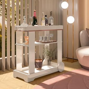 Imagem de Bar Carrinho com rodízios e fita de borda metalizada ROSÉ cor Off White - Artely