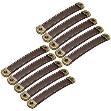 Imagem de 10 peças de couro PU + maçaneta de porta de liga de zinco, puxador de gaveta de mala puxador de armário de couro feito à mão puxadores de porta simples ferragens de móveis (marrom escuro distância do