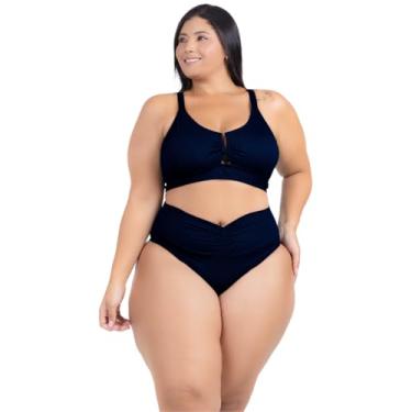 Imagem de Biquini Plus Size Feminino Moda Praia Decote Em U Dourado C/Bojo Alcinha Alta Sustentação Calcinha Franzida Modeladora (BR, Numérico, 54, Plus Size, Azul Marinho)