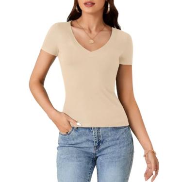 Imagem de LYANER Camisetas femininas básicas com gola V e manga curta, Caqui, PP