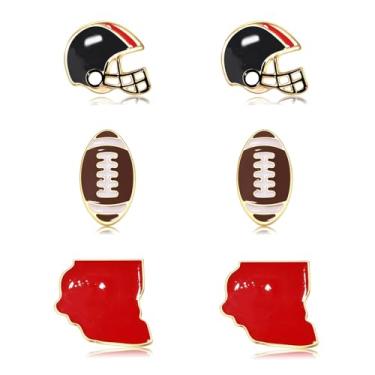 Imagem de 3 pares de brincos femininos de futebol americano para dia de jogo, capacete de futebol universitário, brincos esportivos para dia de corrida, roxo, azul, vermelho, acessórios para o dia do campo
