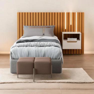 Imagem de Cabeceira Ripado Para Cama de Solteiro Maracá Nature Com Mesa de Cabeceira Jatobá  Com Led OffWhite - Rede Móveis