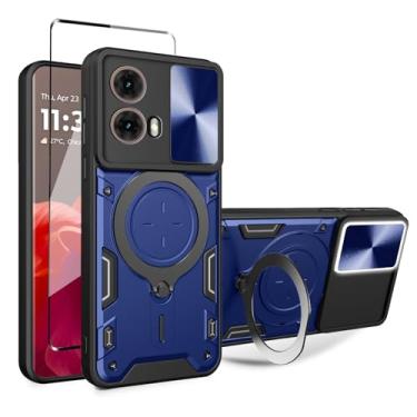 Imagem de WRTBS Capa de celular para Motorola Moto G85 5G com protetor de tela de vidro, capa de proteção para câmera deslizante embutida, capa protetora de corpo inteiro militar resistente - azul