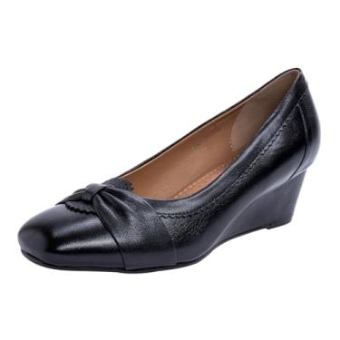 Imagem de Mona flying Sapato feminino fechado de 5 cm de couro, bico quadrado, laço, escritório, trabalho, salto médio, Preto, 41