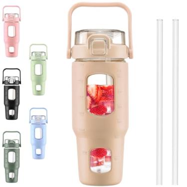 Imagem de BLUEGO Garrafas de água de vidro de 946 ml com marcador de tempo de palha, garrafa de água motivacional grande de 2 litros com manga de silicone, jarro de água de vidro grande de 2 litros para