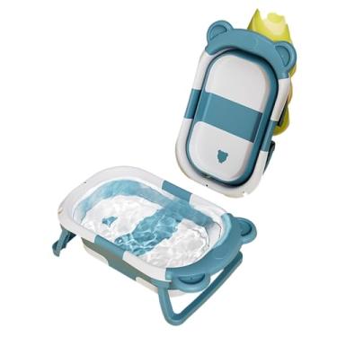 Imagem de Banheira Infantil Portátil Dobrável Com Termômetro Bebê Nenê Recém-nascido para viagem (fechada fica compacta) AZUL CLARO + ALMOFADA
