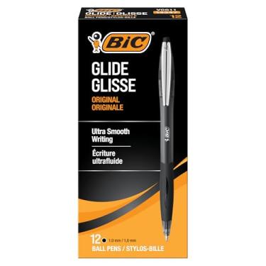 Imagem de BIC Canetas esferográficas Glide pretas retráteis, ponta média (1,0 mm), pacote com 12 unidades, canetas pretas de escrita ultra suave