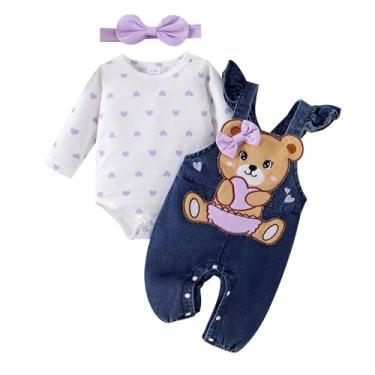 Imagem de TOKIAGO Roupas para bebês meninas, outono, inverno, fofo, amor, macacão com desenho de urso, calça jeans e faixa de cabeça, conjunto de 0 a 18 meses, Roxa, 6-9 Meses