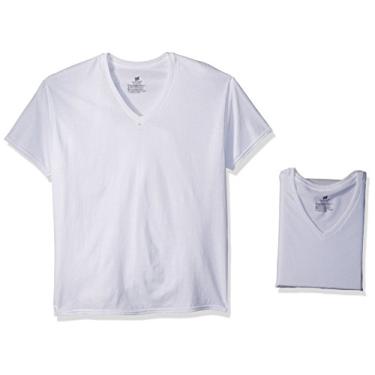 Imagem de Hanes Camiseta masculina sem etiqueta, algodão, gola V, pacote com várias, Pacote com 9 - Branco, XG