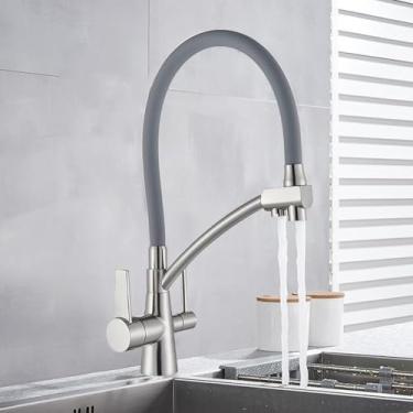 Imagem de Torneiras de cozinha filtradas Torneira de cozinha de purificação Torneira de cozinha com filtro de água giratório 360 para cozinha Torneiras de cozinha de três vias Torneira, B Escova Níquel Cinza