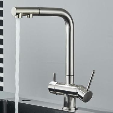 Imagem de Purificador de água Torneira de cozinha Preto Pull Out Filtro flexível Torneiras de cozinha Guindaste Latão 2 em 1 Torneira misturadora de água quente e fria, níquel escovado