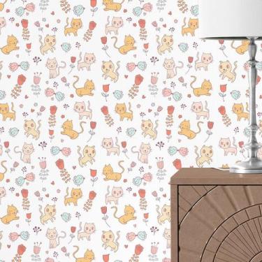 Imagem de Papel de Parede Adesivo Lavável Gatinhos Coloridos com Passarinhos e R