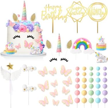Imagem de MTLEE 51 peças de topo de bolo de unicórnio topo de bolo arco-íris bolas coloridas decorações de bolo bola de feliz aniversário topo de bolo para casamento chá de bebê meninas suprimentos de festa de
