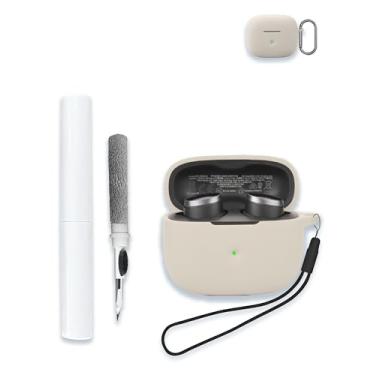 Imagem de Capa para fones de ouvido intra-auriculares Bowers & Wilkins Pi6 sem fio, capa protetora portátil de silicone macio resistente a arranhões com kit de limpeza, mosquetão e cordão, branco creme