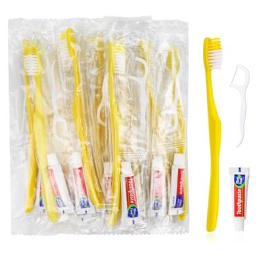 Imagem de FAOEHN 200 escovas de dentes descartáveis com pasta de dente e fio dental, escova de dentes amarela de uso único, kit de escovas de dentes descartáveis para viagem para desabrigados, Airbnb, hotel,