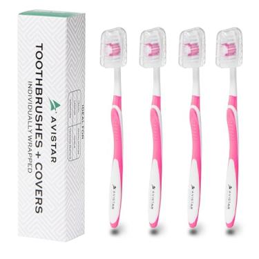 Imagem de Pacote com 4 escovas de dentes para adultos - Escovas de cerdas médias embaladas individualmente com capas - rosa - Cuidados dentários convenientes e acessíveis para viagens, hotéis, Airbnb, missões e