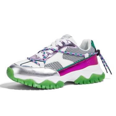 Imagem de LUCKY STEP Tênis feminino plataforma colorido tênis retrô colorblock ajustável estilo de vida elegante fofo pai grosso casual sapatos de caminhada, Prata/verde, 35