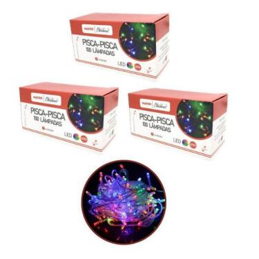 Imagem de Kit 3 Pisca Pisca 100 Lâmpadas LED Colorido Fio Transparente 8 Funções