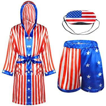 Imagem de Fantasia de boxe com bandeira americana de cetim com robe shorts de cetim e venda patriótica ajustável capa macia para adultos dormindo (grande)
