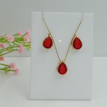 Imagem de Conjunto Gota Folheado a Ouro 100119 - Shekináh Joias , Vermelho