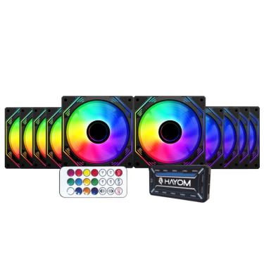 Imagem de Kit 10 Fans Hayom RGB 120mm C/Controladora Preto - FC1308