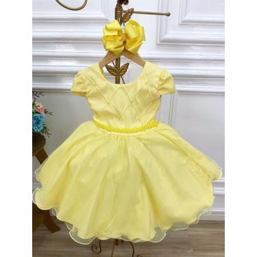 Imagem de Vestido Infantil Amarelo Peito Nervura Cinto Pérolas Luxo - lele encan