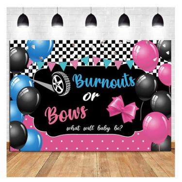 Imagem de HQM Faixa fotográfica com tema de revelação de gênero Burnouts ou arcos 178 x 129 cm rosa ou azul para ele ou ela chá de bebê faixa decorativa para decoração de fotos "What Will Baby Show"