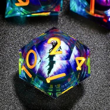 Imagem de QuestDiceForge Handmade Resin Dragon Eye DND Dice Set Liquid Core Sharp Edges 7 Pieces with Gift Box for RPG Roleplaying Unique Craftsmanship (Purple-Gold)