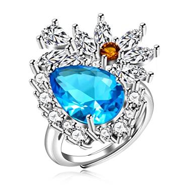 Imagem de Uloveido Anéis de topázio azul claro simulado de fogos de artifício de luxo tamanho ajustável lágrima grande cristal coquetel anel declaração Y1887, Metal Cristal, Zircônia cúbica