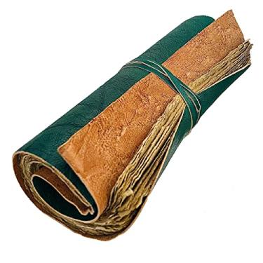 Imagem de Diário de rolagem de couro feito à mão - 100 páginas de papel rústico sem forro estilo vintage sem forro - Livro das sombras 22 x 15 cm, Grimório, Presentes de Fantasia, Caderno de esboços, álbum de recortes antigo (verde com papel vintage)