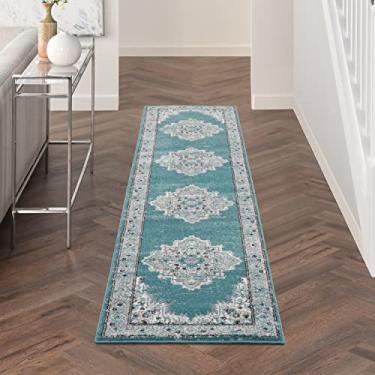 Imagem de Nourison Tapete Passion Bohemian Turquesa Cinza 2'2" x 10' de área, fácil limpeza, sem derramamento, quarto, sala de estar, sala de jantar, cozinha (2x10)
