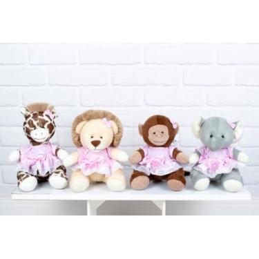 Imagem de CONJUNTO DE PELUCIAS SAFARI PROVENCE - LEÃO, GIRAFA, MACACO, ELEFANTE, 22 CM/VESTIDO COM LESE (rosa liso)