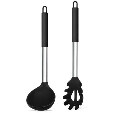 Imagem de TeamFar Conjunto de Garfo e Colher de Silicone para Macarrão, 2 Peças, Utensílios de Cozinha Grandes Antiaderentes com Cabo de Aço Inoxidável para Cozinhar, Drenar, Servir Sopa, Mo (Grande, Preto)