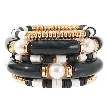Imagem de GOOJIDS Pulseira simples com contas banhadas a ouro grosso tubo de bambu curvado empilhável contas coloridas de acrílico transparente conjunto de pulseiras banhadas a ouro para mulheres, 6.6 inches