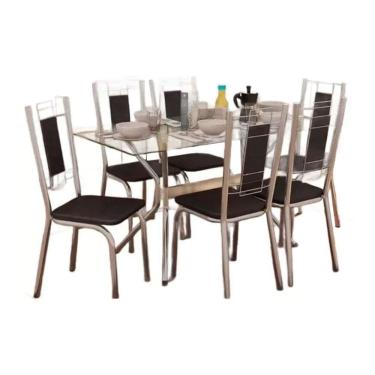 Imagem de Sala De Jantar Loire Com Tampo De Vidro 80x140cm E 6 Cadeiras Florença Cromada Preto