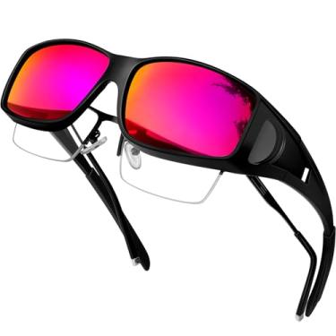 Imagem de KANASTAL sobrepor Óculos de Sol Polarizado Feminino Masculino Fúcsia Espelhado Rosa sobre Oculos UV400 Proteção Lateral Retangular Moda Sunglasses Fit over Glasses -Armação Preto Lente Fúcsia