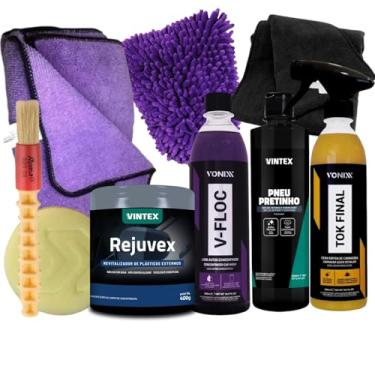 Imagem de Kit Vonixx para Limpeza Automotiva, Shampoo V-floc, Cera Tok Final, Pneu Pretinho, Rejuvex, com Acessórios de Limpeza