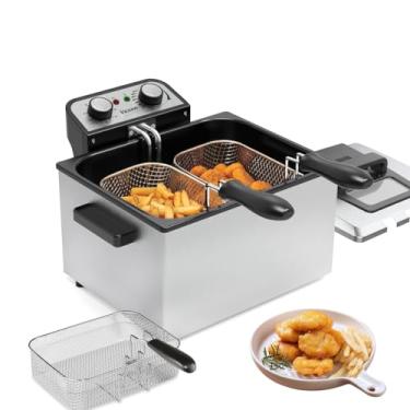 Imagem de Fritadeira elétrica grande 1800W 5 litros/21 xícaras com 3 cestos de fritura para uso doméstico, temperatura ajustável, tampa da janela de visão, panela de fritadeira de aço inoxidável de bancada,